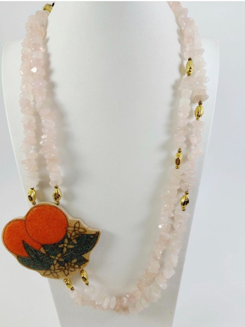 Goldtone Double Strand Rose Quartz & Stone Composite/Resin Pendant Necklace